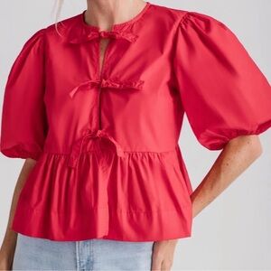 Olivaceous Red Romantic Tie-Front Peplum Blouse Balloon Sleeve Small NWT